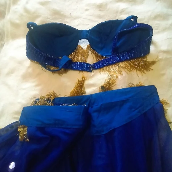 Belly Dancer Ornate Beaded Blue Gold Two Piece Bra Sheer Layered Tiered Skirt - Picture 12 of 13
